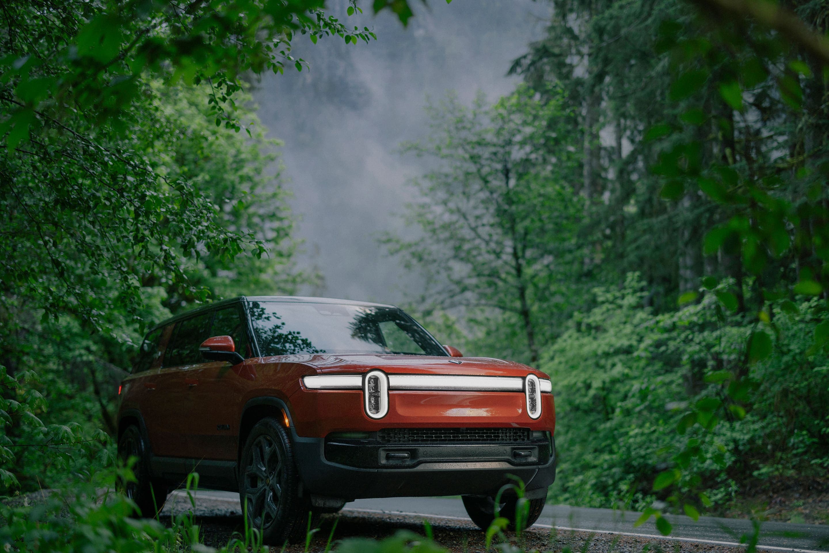 A Rivian SUV on a misty forest road in the Hudson Valley